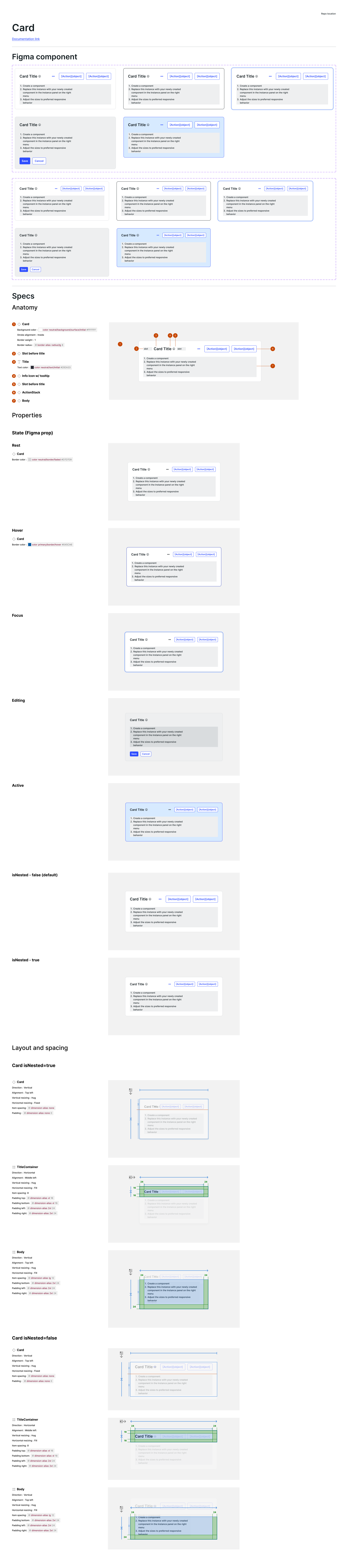 Card component design specification: component states, layout dimensions, padding rules, interaction behaviors, and accessibility requirements