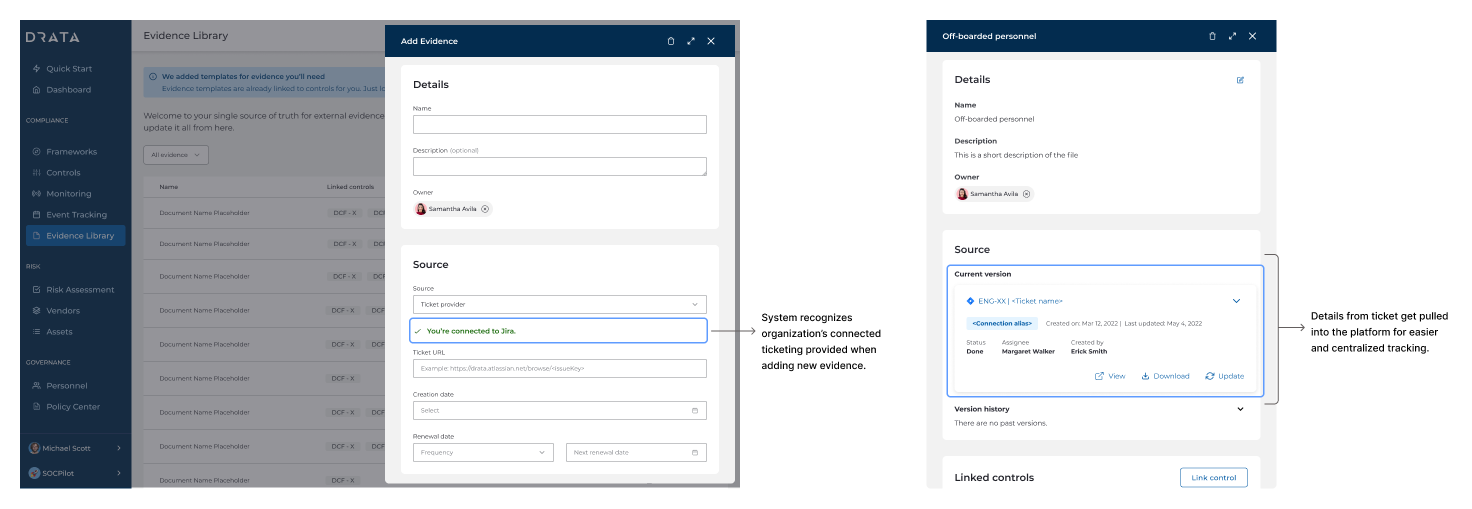Ticket evidence workflow: adding a Jira ticket as a new evidence record and previewing the structured ticket details once the evidence is saved