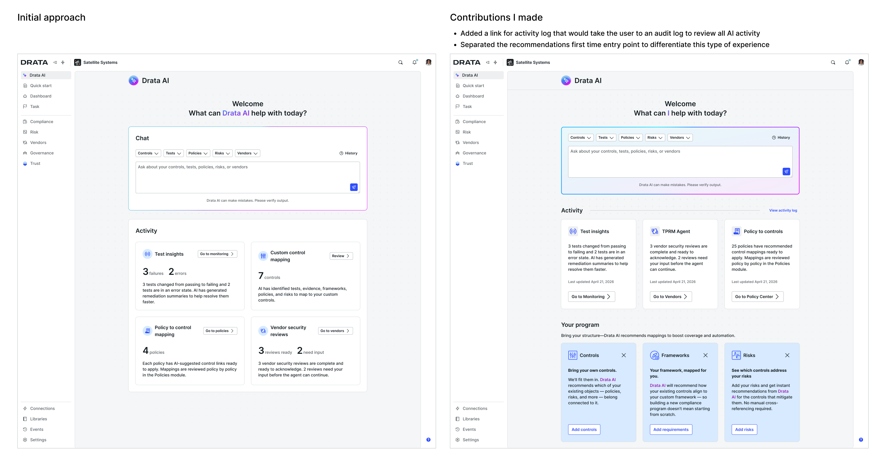 Drata AI home page exploration: a central hub for all agentic workflows, showing how the mapping experience would be surfaced as part of a unified AI-first entry point