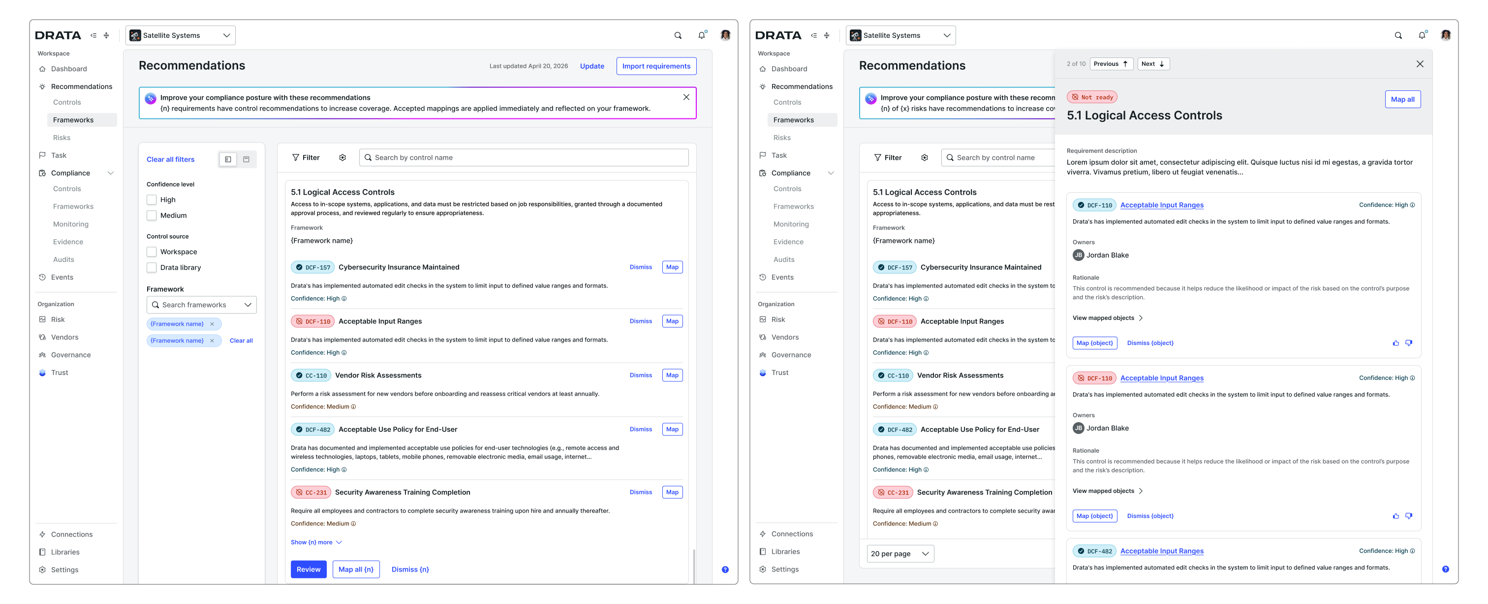 Frameworks bulk review: custom framework requirements listed with AI-recommended control mappings