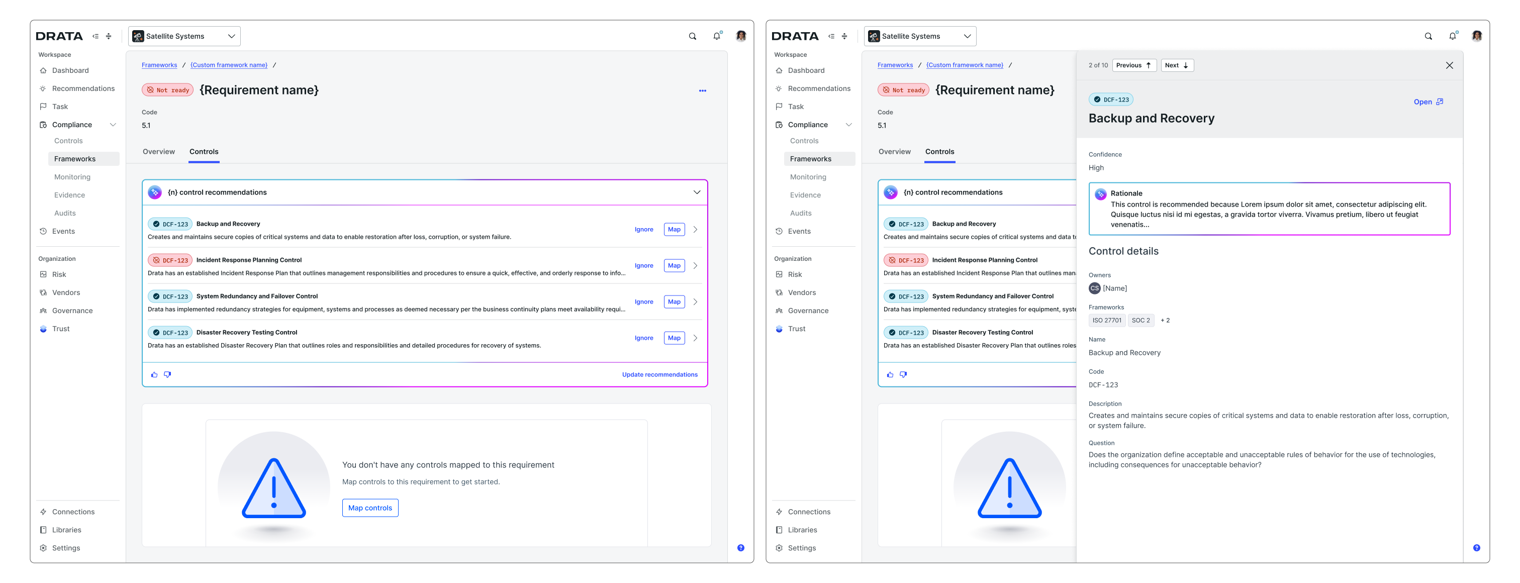 Frameworks in-context review: AI recommendations surfaced inline within the framework requirement detail page