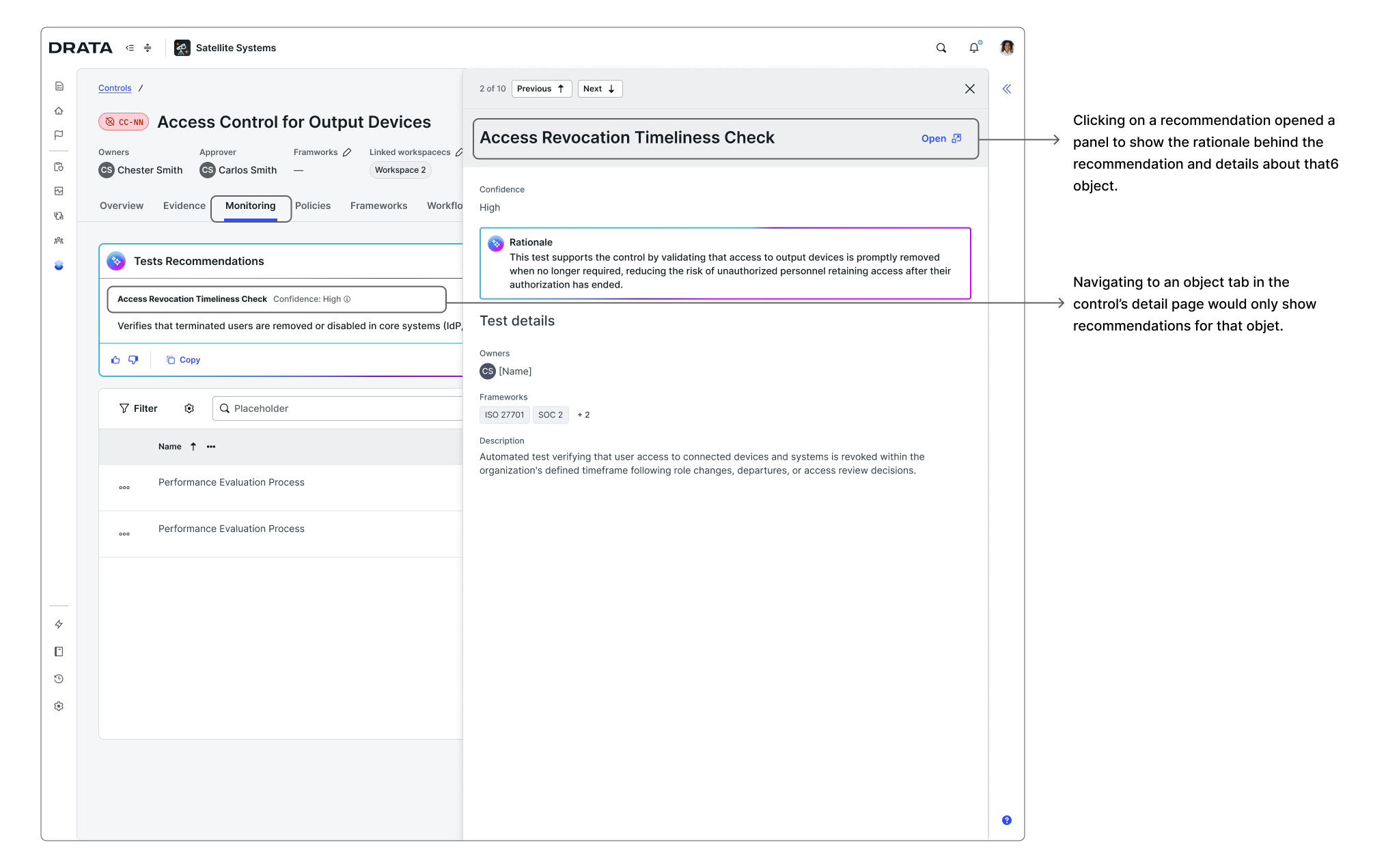 In-context review detail: individual recommendation shown with confidence label and rationale within the control detail page