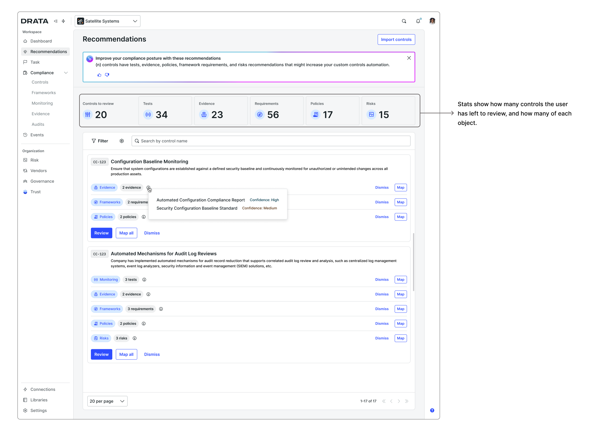 Progress stats: review completion tracker showing accepted, denied, and pending recommendations across object types