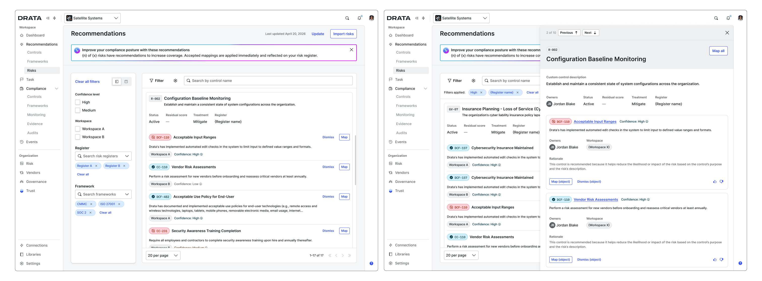 Risks bulk review: custom risks listed with AI-recommended Drata control mappings, grouped with confidence labels and rationale