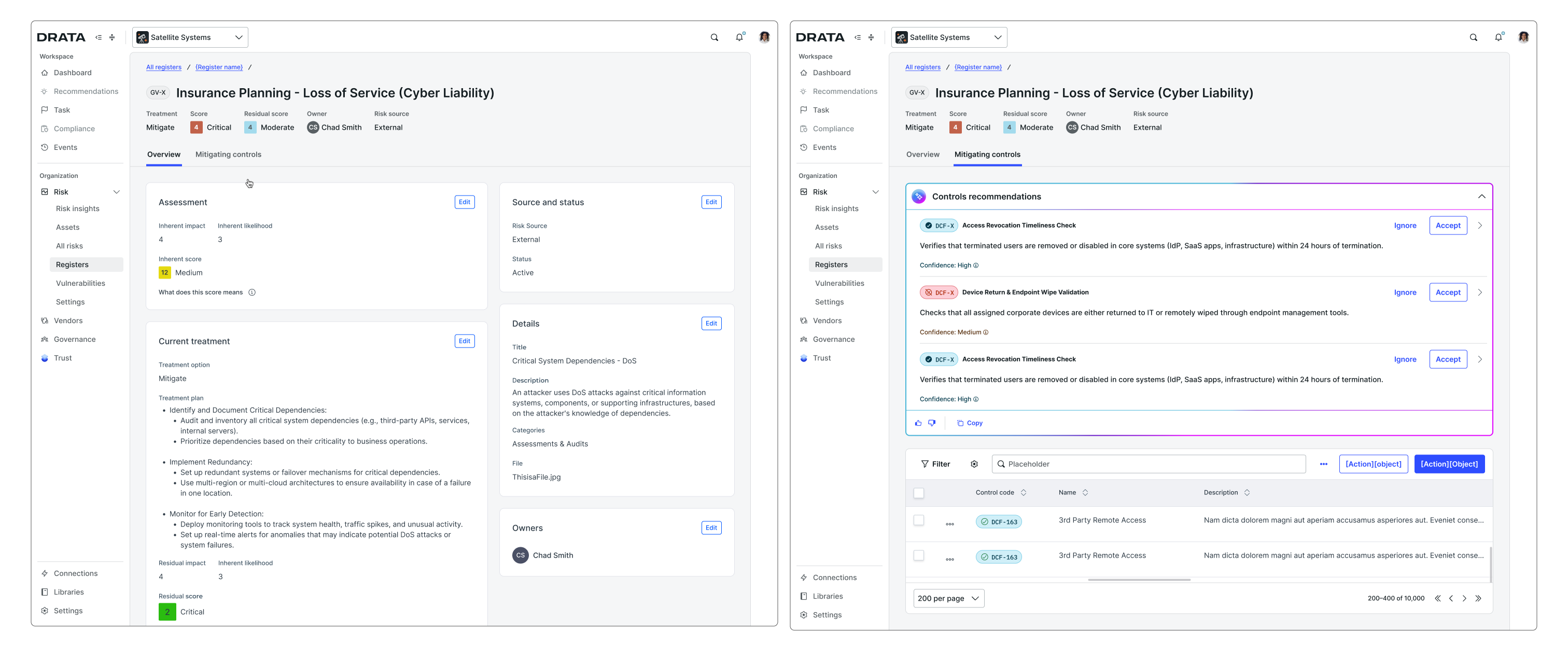 Risks in-context review: AI recommendations surfaced inline within the risk detail page
