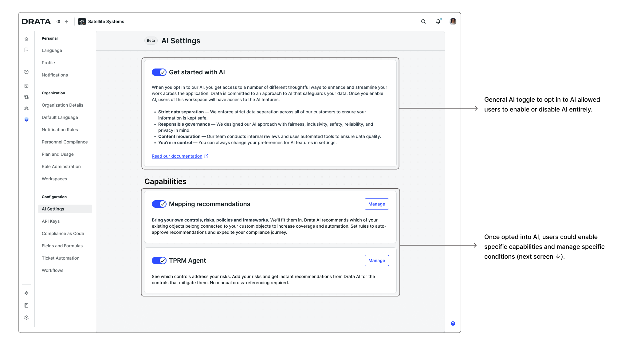 AI settings: moving from a single global AI toggle to granular, feature-level controls — including auto-approval rules for the mapping agent