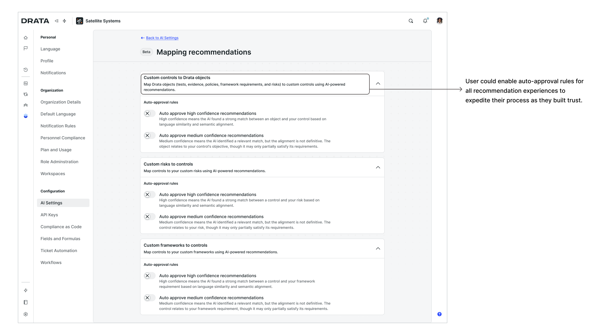 AI settings detail: auto-approval rules configuration showing high and medium confidence thresholds for the mapping agent