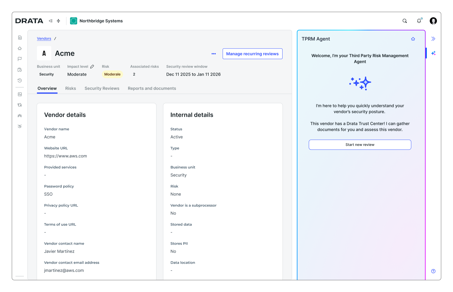 The TPRM Agent entry point — a dedicated initiation surface within the vendor profile