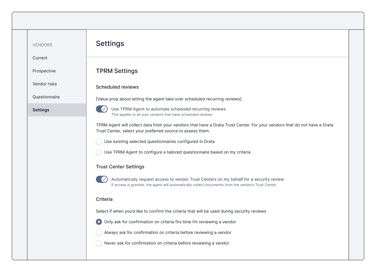 Settings wireframes showing configurable autonomy controls — organizations can tune how much responsibility the agent takes on within the workflow
