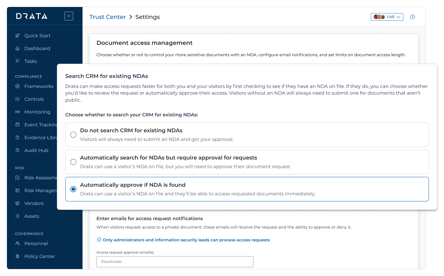 CRM settings configuration: fields for connecting Salesforce to Trust Center, NDA bypass rules, and auto-approval criteria